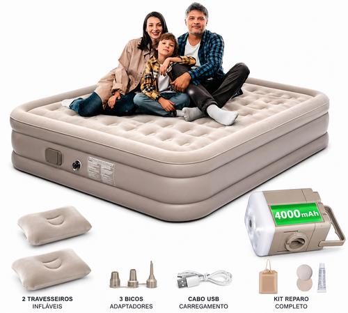 Colchão Inflável Premium com Bomba Elétrica Embutida 4000mAh – Conforto de Cama Real em Minutos