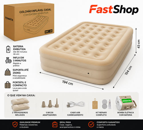 Colchão Inflável Premium com Bomba Elétrica Embutida 4000mAh – Conforto de Cama Real em Minutos